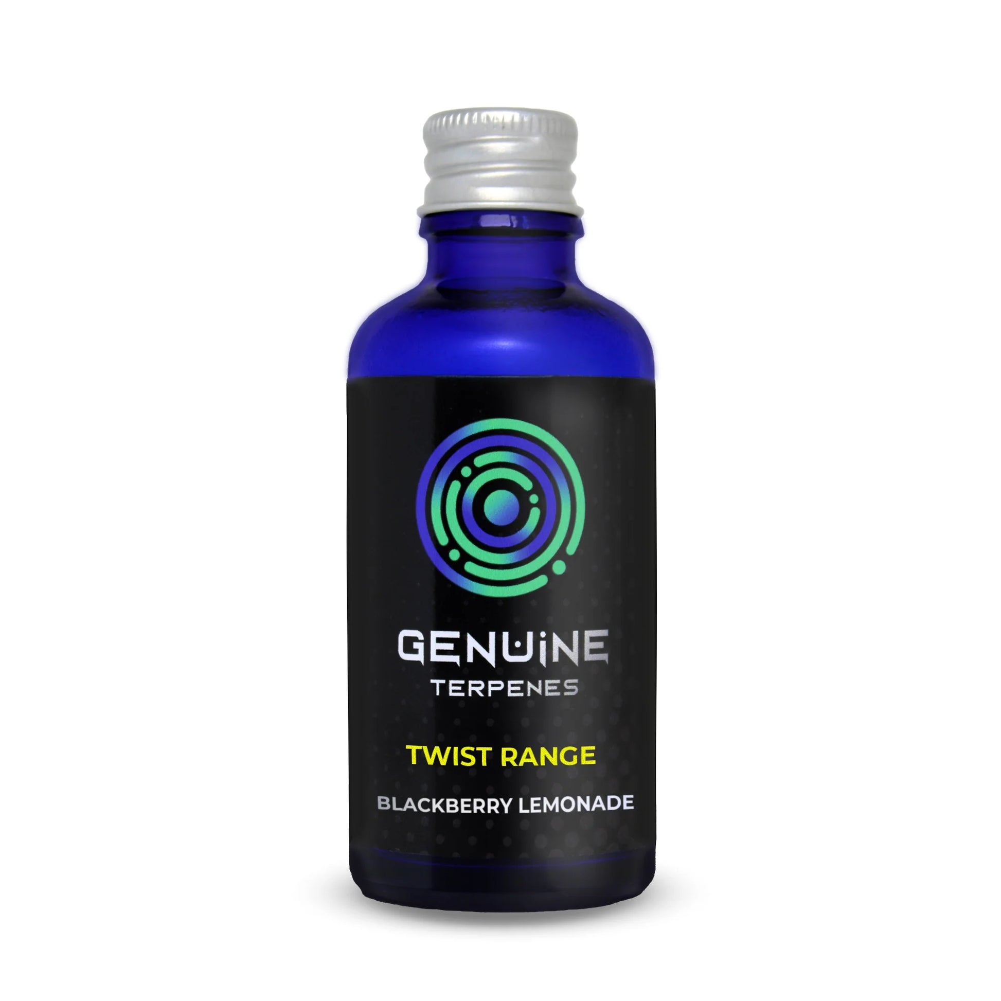 Genuine Terpenes Blackberry Lemonade Twist Range in a blue glass bottle, offering a blackberry, lemon, berry terpene profile.