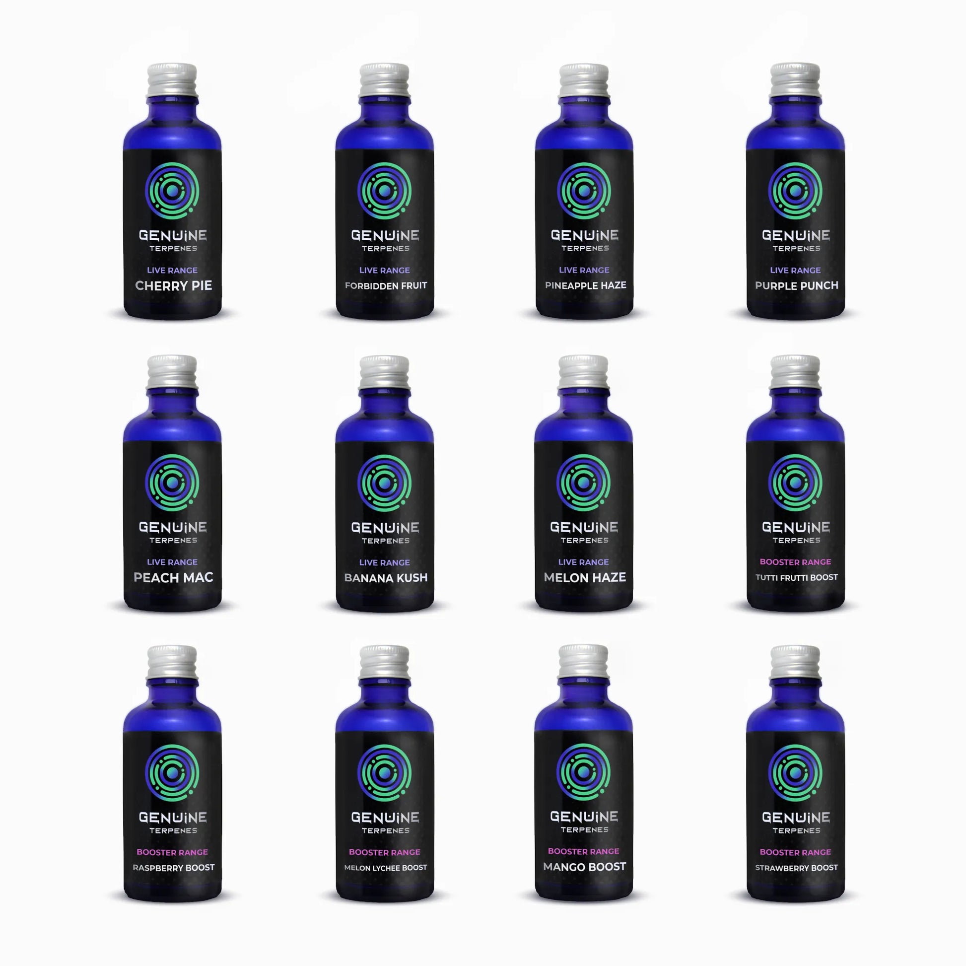 Genuine Terpenes Fruity Sample Pack in blue glass bottles, featuring a handpicked selection of fruit-inspired terpene profiles.