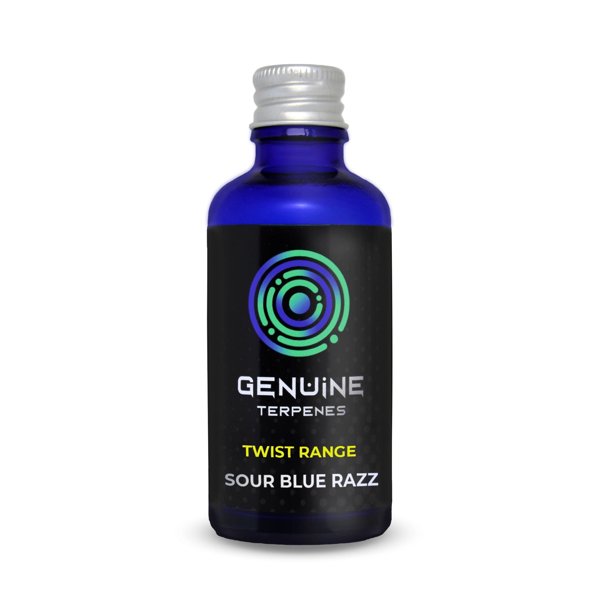 Genuine Terpenes Sour Blue Razz terpene blend in a blue glass bottle, hybrid profile with tangy sour notes and sweet blue raspberry aroma.