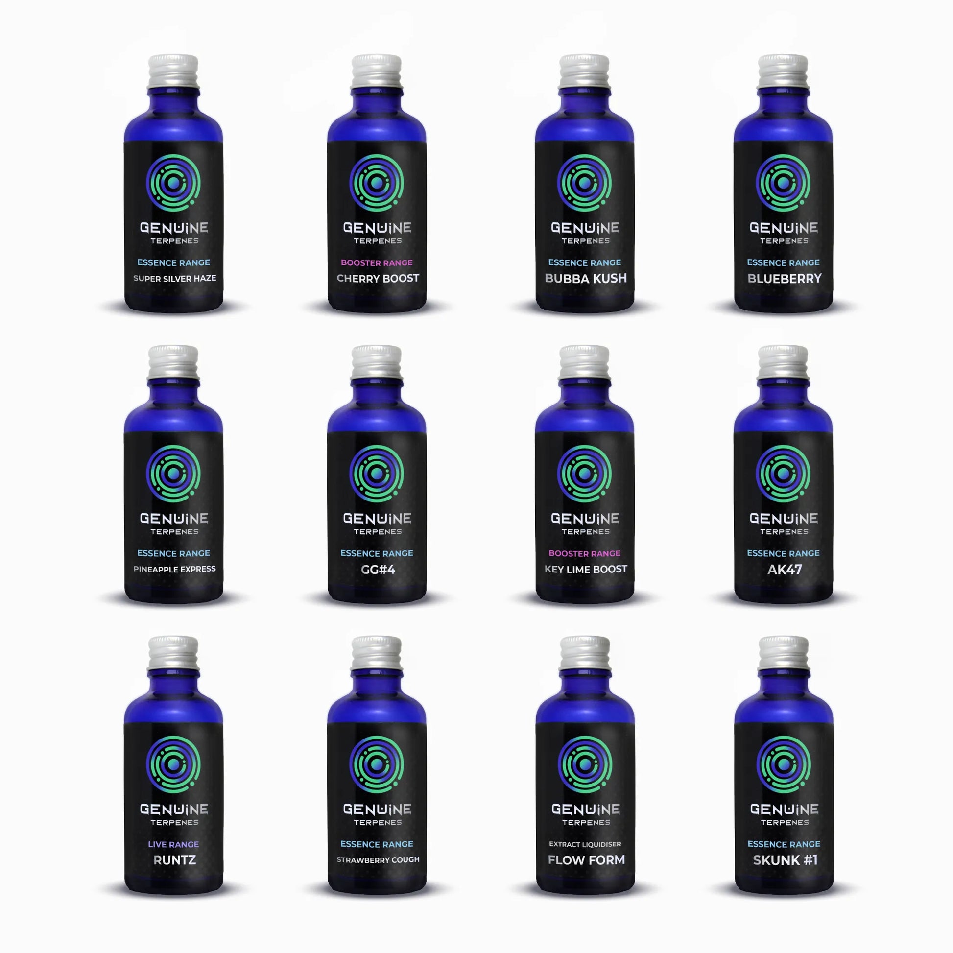 Genuine Terpenes Starter Sample Pack featuring premium profiles from Live, Essence, and Booster Ranges in blue glass bottles.