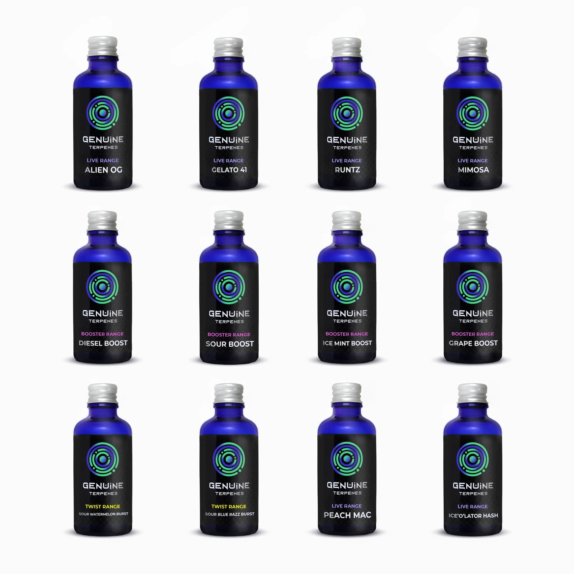 Genuine Terpenes Variety Sample Pack featuring Essence, Live, Booster, and Twist Range profiles in blue glass bottles