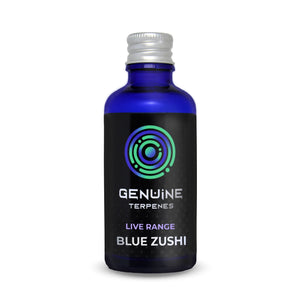 Genuine Terpenes Blue Zushi Live Range in a blue glass bottle, offering a blueberry, earthy, skunky terpene profile