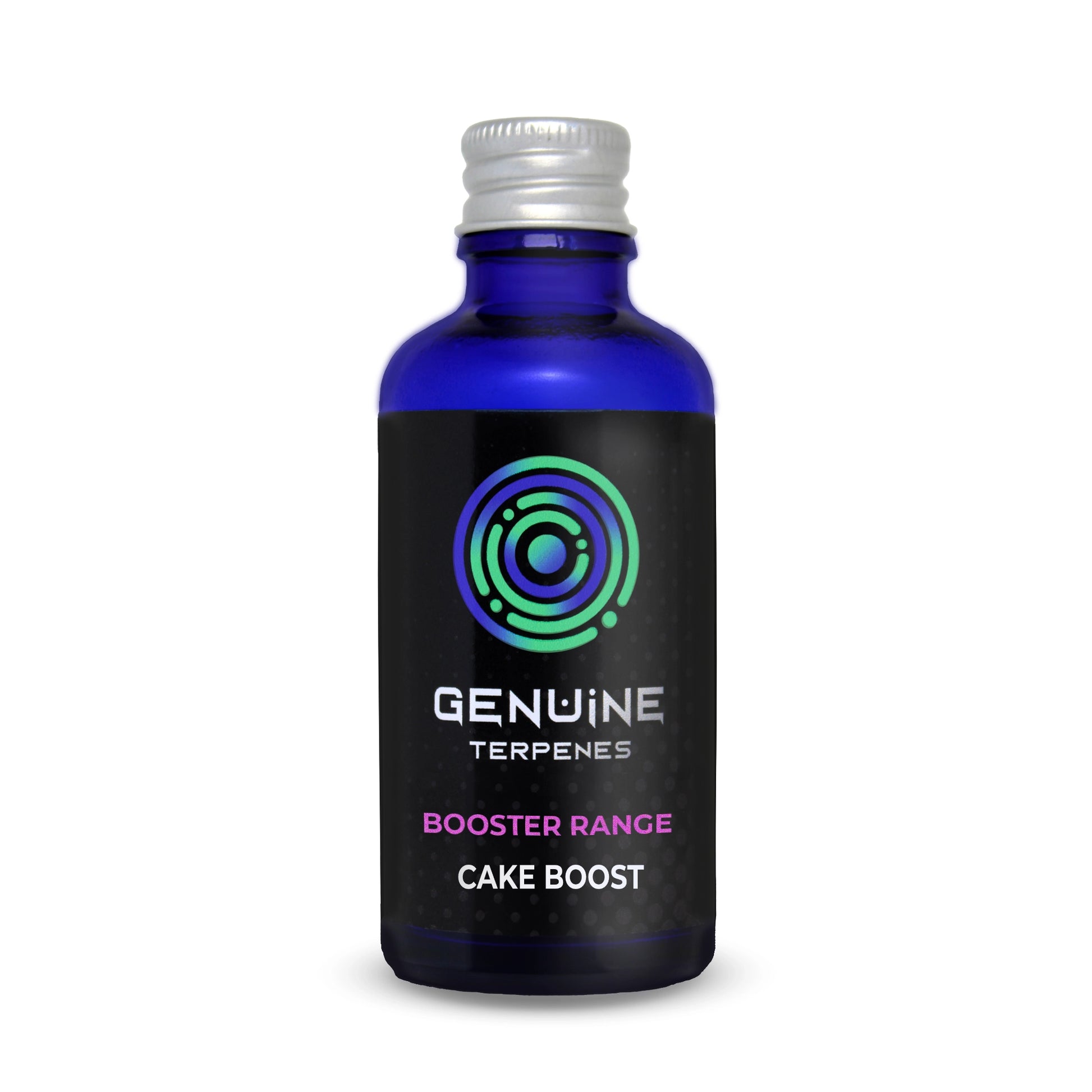 Genuine Terpenes Cake Boost in a blue glass bottle, a floral-led terpene profile with notes of Vanilla, Buttercream, and Sugar.