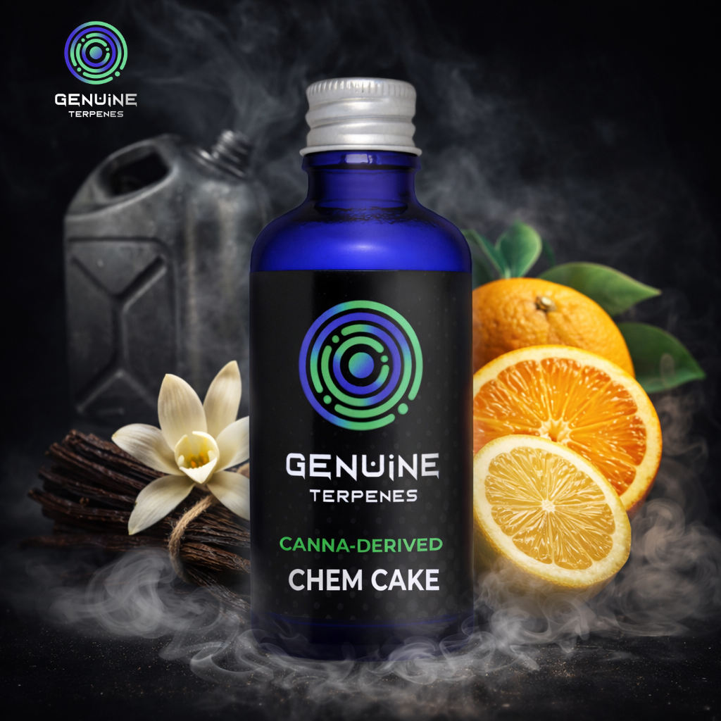 Bottle of Genuine Terpenes Canna-Derived Chem Cake with oranges and vanilla beans on a dark background