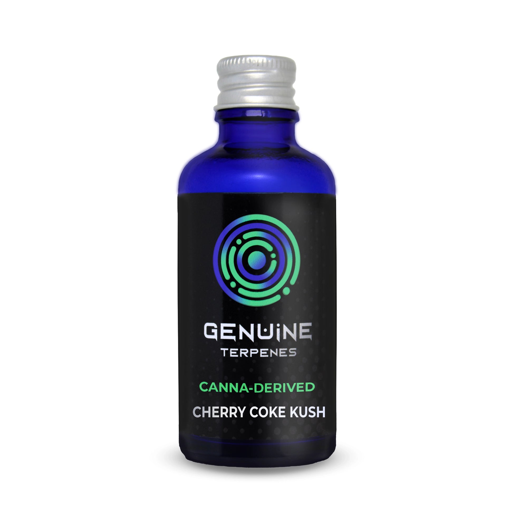 Genuine Terpenes Cherry Coke Kush in a blue glass bottle, a fruity-led terpene profile with notes of Black Cherry, Spiced Cola, and Vanilla.