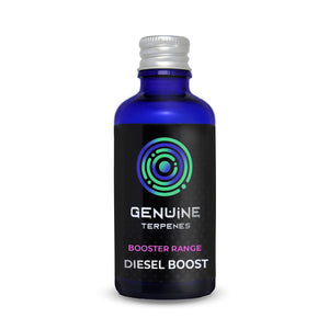 Genuine Terpenes Diesel Boost from the Booster Range in a blue glass bottle, hybrid profile with gassy, hazey and citrus aromas.