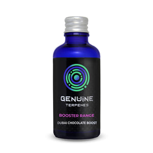 Genuine Terpenes Dubai Chocolate Boost in a blue glass bottle, an earthy-led terpene profile with notes of Pistachio, Milk Chocolate, and Kataifi.