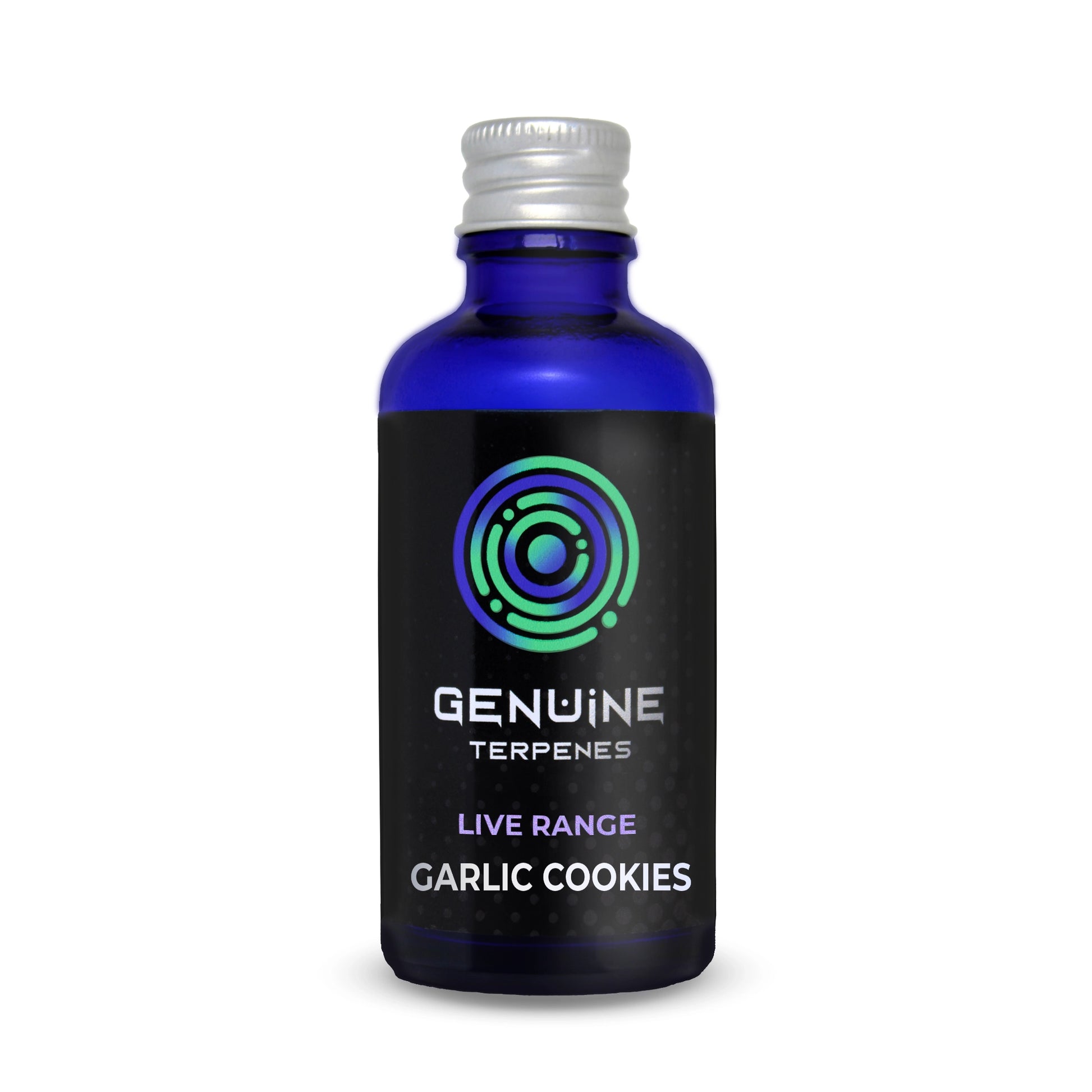 Bottle of Genuine Terpenes Live Range - Garlic Cookies on a white background