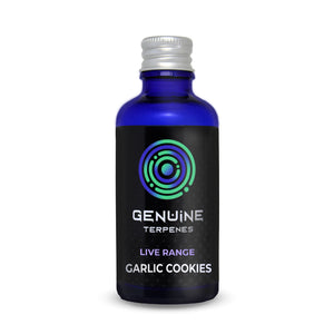 Bottle of Genuine Terpenes Live Range - Garlic Cookies on a white background
