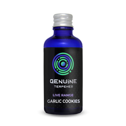 Bottle of Genuine Terpenes Live Range - Garlic Cookies on a white background