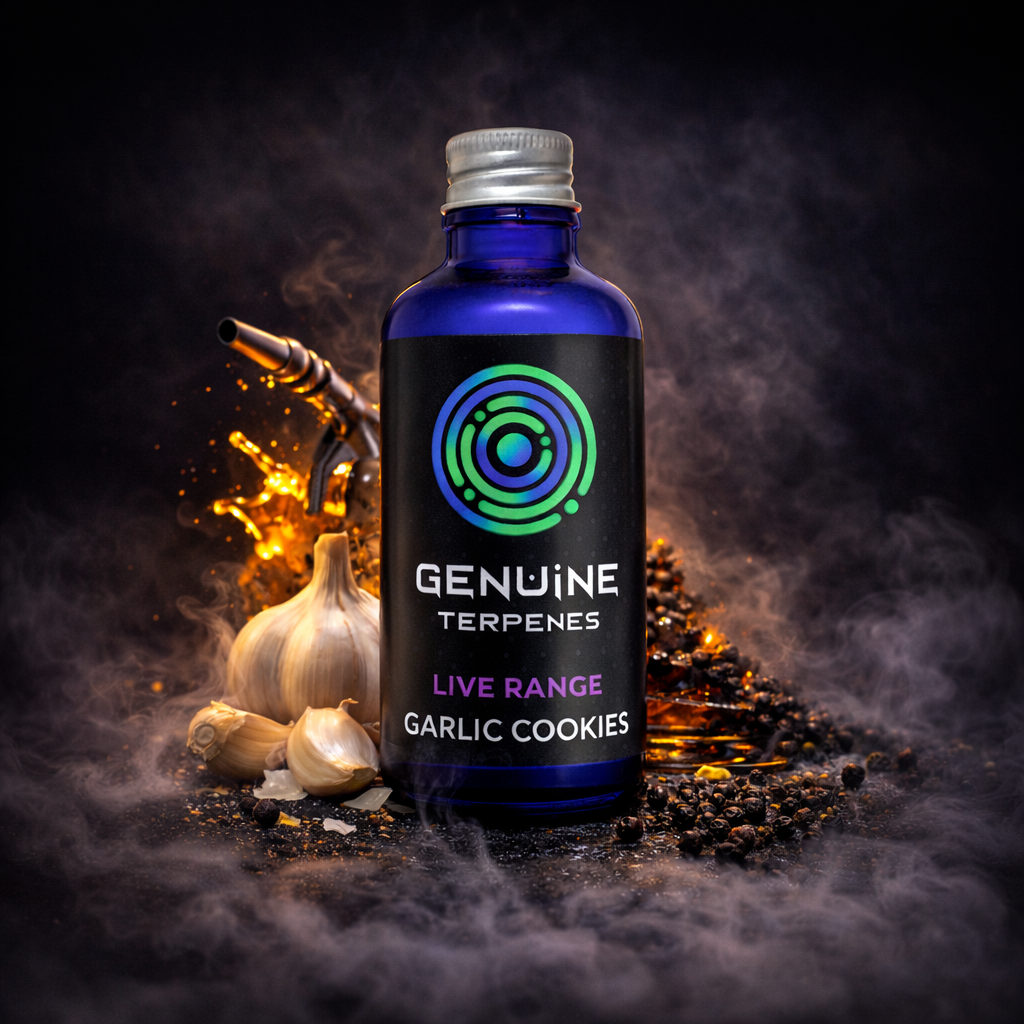 Bottle of 'Genuine Terpenes' Garlic Cookies product with garlic and spices on a dark background