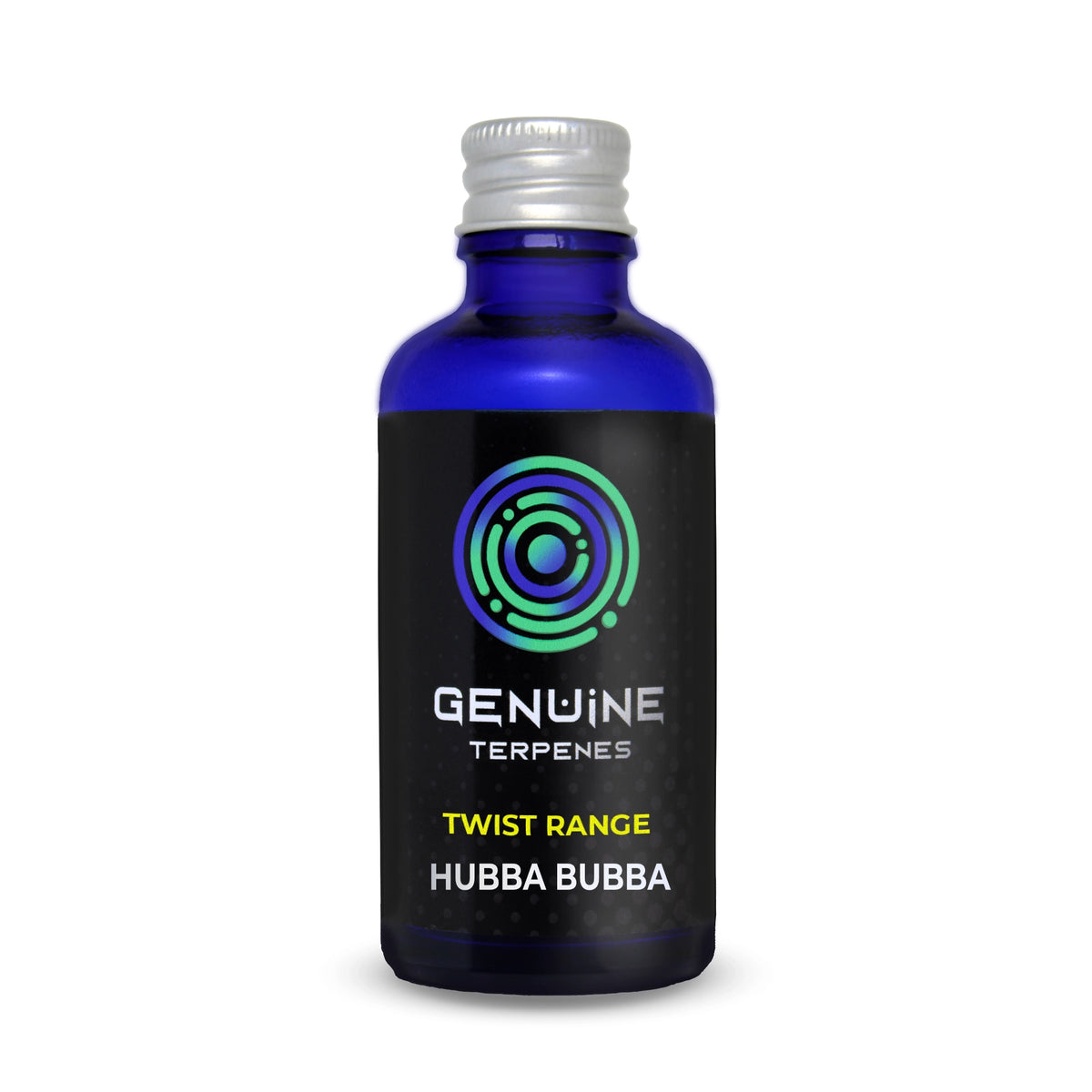 Genuine Terpenes Hubba Bubba in a blue glass bottle, a fruity-led terpene profile with notes of Bubblegum, Strawberry, and Banana.