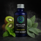 Bottle of Genuine Terpenes Kiwi Sorbet on a dark background with kiwis and mint leaves.