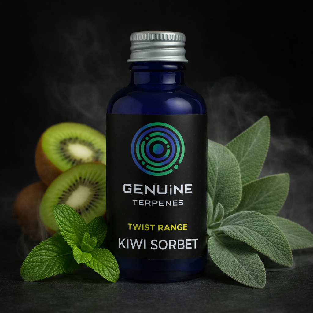 Bottle of Genuine Terpenes Kiwi Sorbet on a dark background with kiwis and mint leaves.