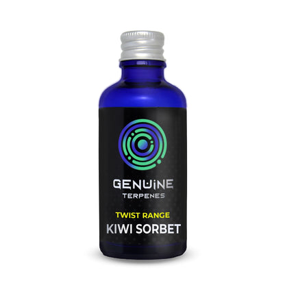 Genuine Terpenes Kiwi Sorbet in a blue bottle, delivering a Fruity, Herbal, Tropical & Earthy terpene profile.
