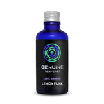 Genuine Terpenes Lemon Funk in a blue glass bottle, a citrus-led terpene profile with notes of Sharp Lemon, Earthy Depth, and Cracked Pepper.