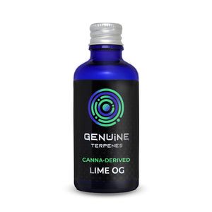 Genuine Terpenes Lime OG Canna-Derived Range in a blue glass bottle, offering a lime, earthy, herbal terpene profile.