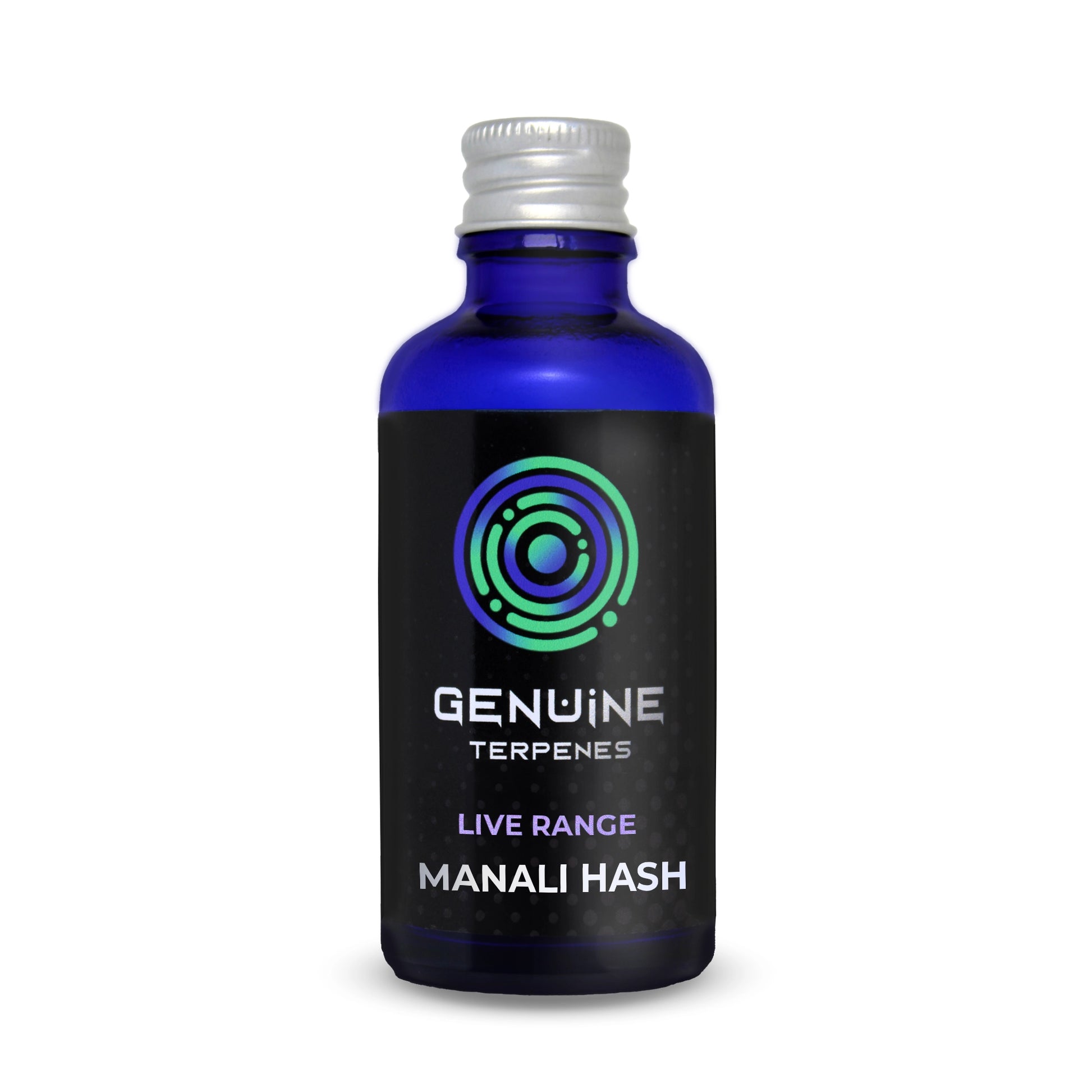 Genuine Terpenes Manali Hash in a blue glass bottle, delivering a Earthy, Herbal, Pine & Floral terpene profile.