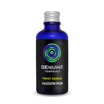 Genuine Terpenes Passion Pop in a blue glass bottle, a tropical-led terpene profile with notes of Passion Fruit, Pink Grapefruit, and Apricot.