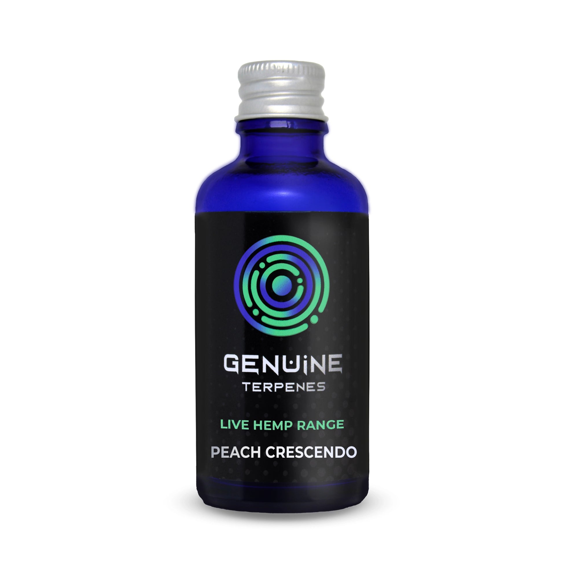 Bottle of Genuine Terpenes Live Hemp Range Peach Crescendo on a white background