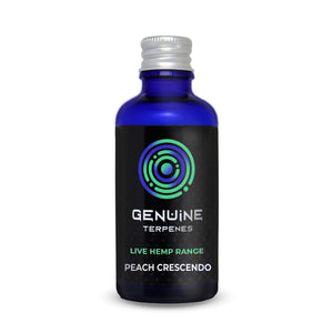 Bottle of Genuine Terpenes Live Hemp Range Peach Crescendo on a white background