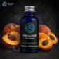 Bottle of Genuine Terpenes Peach Crescendo with peaches on a dark background