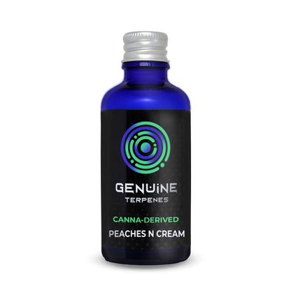 Genuine Terpenes Peaches and Cream in a blue glass bottle, a fruity-led terpene profile with notes of Peach, Apricot, and Cream.