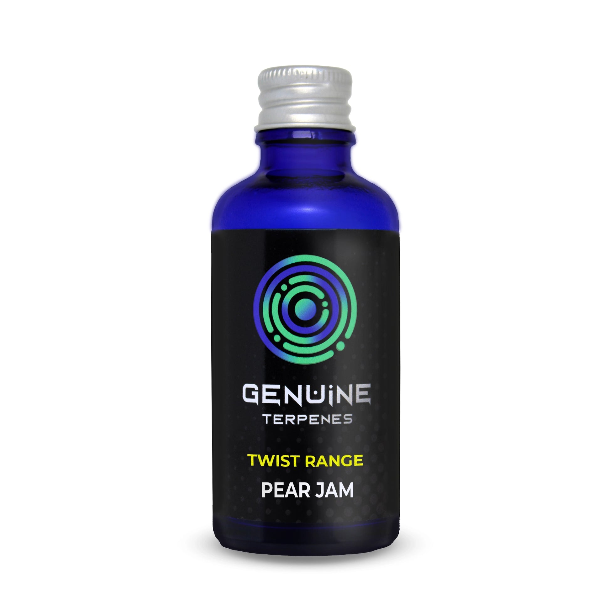 Genuine Terpenes Pear Jam Twist in a blue glass bottle, a fruity-led terpene profile with notes of Ripe Pear, Pear Jam, and Lemon.