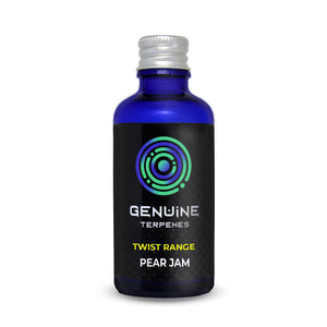 Genuine Terpenes Pear Jam Twist in a blue glass bottle, a fruity-led terpene profile with notes of Ripe Pear, Pear Jam, and Lemon.