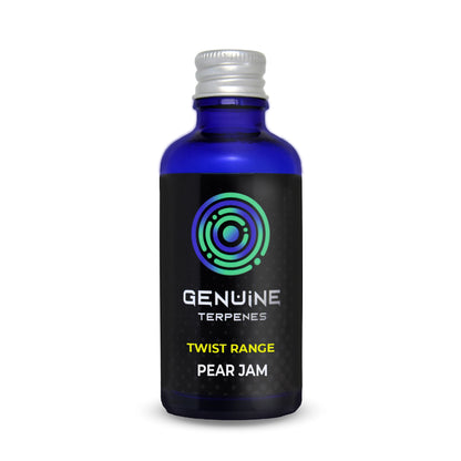 Genuine Terpenes Pear Jam Twist in a blue glass bottle, a fruity-led terpene profile with notes of Ripe Pear, Pear Jam, and Lemon.