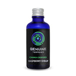 Genuine Terpenes Raspberry Syrup in a blue glass bottle, a fruity-led terpene profile with notes of Raspberry, Plum, and Violet.