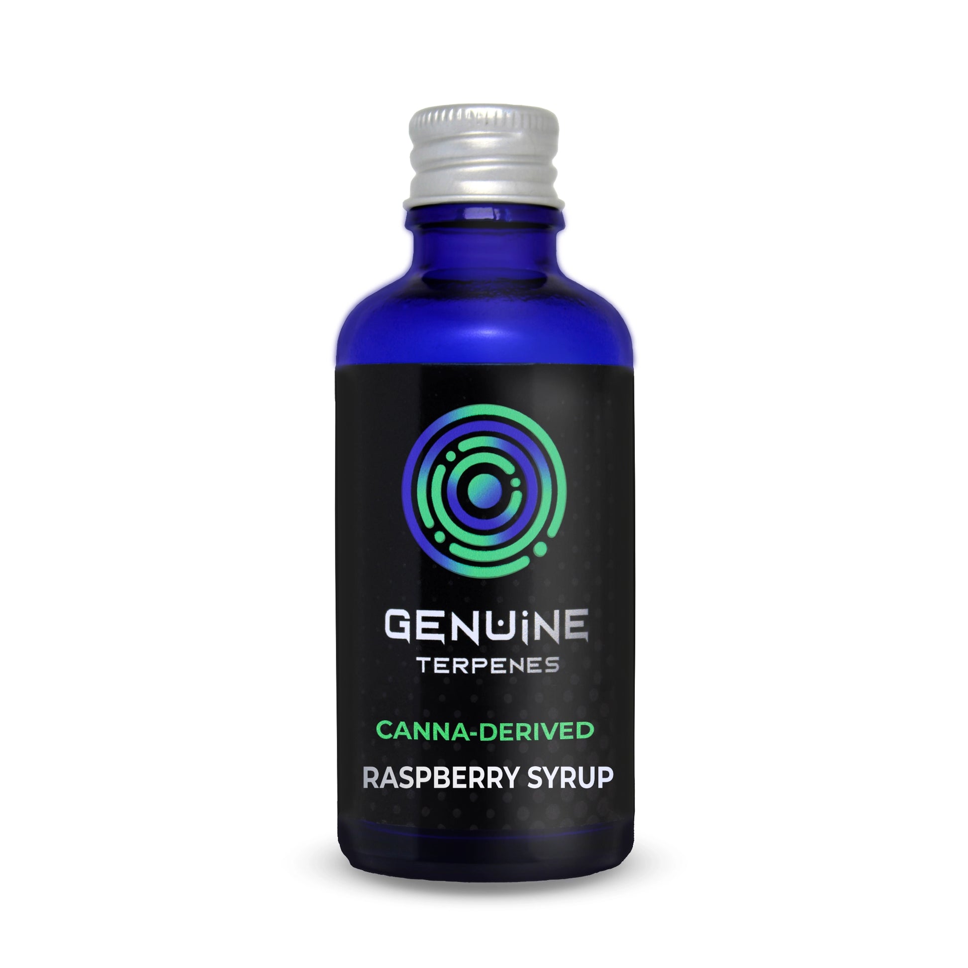 Genuine Terpenes Raspberry Syrup in a blue glass bottle, a fruity-led terpene profile with notes of Raspberry, Plum, and Violet.