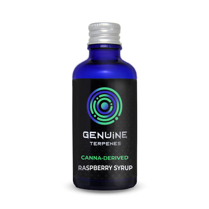 Genuine Terpenes Raspberry Syrup in a blue glass bottle, a fruity-led terpene profile with notes of Raspberry, Plum, and Violet.