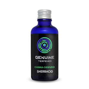 Genuine Terpenes Sherbacio in a blue glass bottle, a fruity-led terpene profile with notes of Sherbet Candy, Hazelnut, and Orange Blossom.