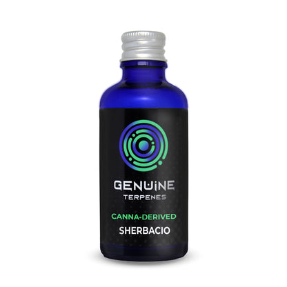 Genuine Terpenes Sherbacio in a blue glass bottle, a fruity-led terpene profile with notes of Sherbet Candy, Hazelnut, and Orange Blossom.