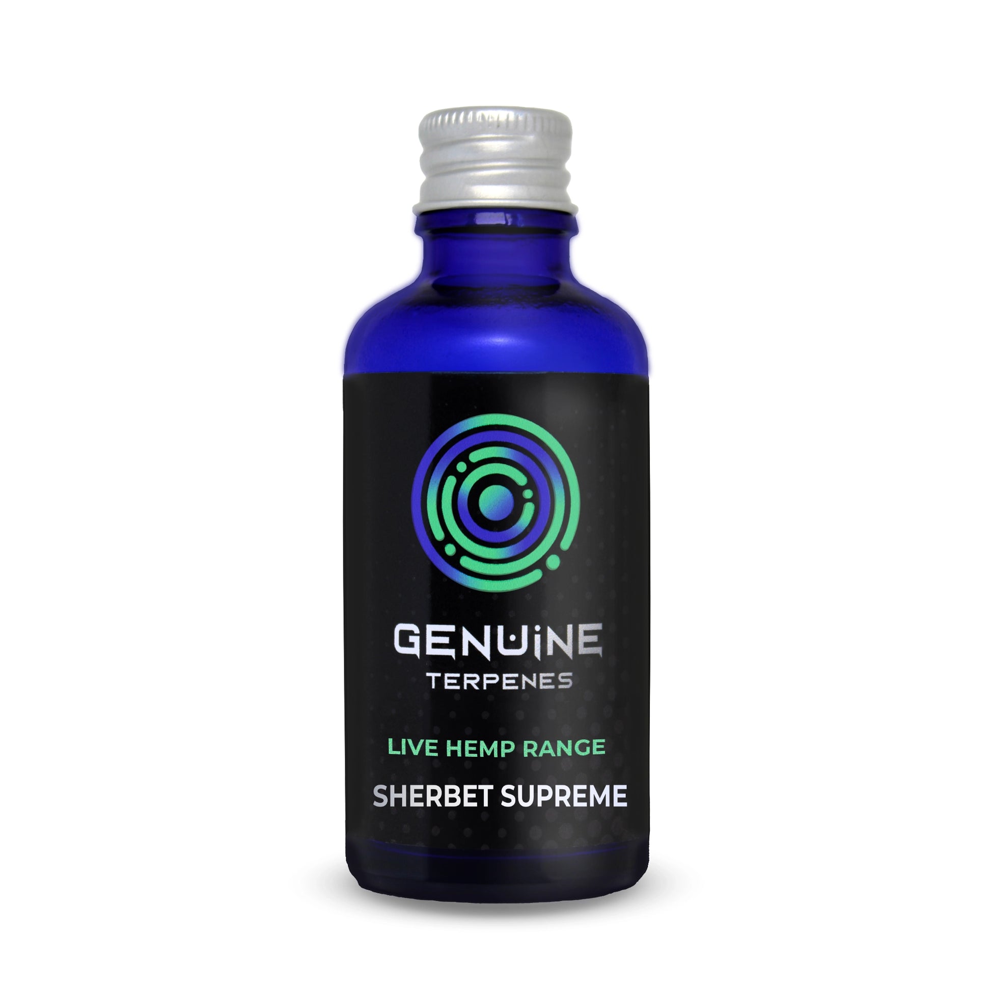 Genuine Terpenes Sherbet Supreme in a blue glass bottle, a citrus-led terpene profile with notes of lemon sherbet, cream and mint.