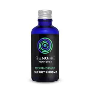 Genuine Terpenes Sherbet Supreme in a blue glass bottle, a citrus-led terpene profile with notes of lemon sherbet, cream and mint.