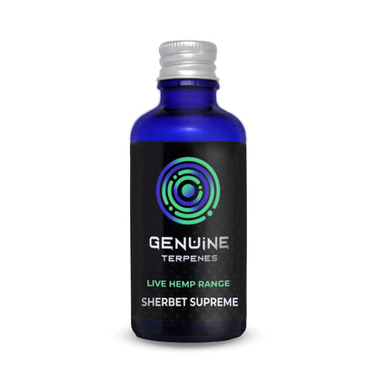 Genuine Terpenes Sherbet Supreme in a blue glass bottle, a citrus-led terpene profile with notes of lemon sherbet, cream and mint.