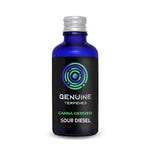 Genuine Terpenes Sour Diesel in a blue glass bottle, a pungent-led terpene profile with notes of Diesel, Citrus Peel, and Earthy Spice.