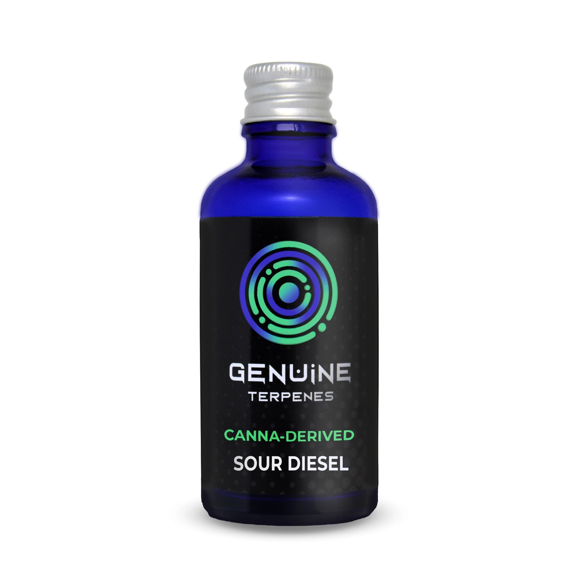 Genuine Terpenes Sour Diesel in a blue glass bottle, a pungent-led terpene profile with notes of Diesel, Citrus Peel, and Earthy Spice.