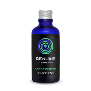 Genuine Terpenes Sour Diesel in a blue glass bottle, a pungent-led terpene profile with notes of Diesel, Citrus Peel, and Earthy Spice.