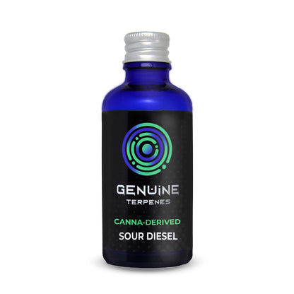 Genuine Terpenes Sour Diesel in a blue glass bottle, a pungent-led terpene profile with notes of Diesel, Citrus Peel, and Earthy Spice.