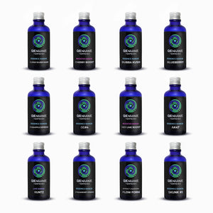 Genuine Terpenes Starter Sample Pack featuring premium profiles from Live, Essence, and Booster Ranges in blue glass bottles.