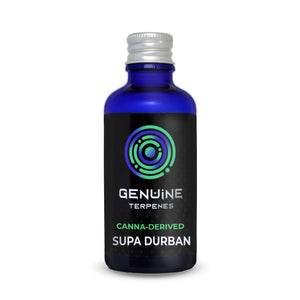 Genuine Terpenes Supa Durban in a blue glass bottle, delivering a Fruity, Floral, Herbal & Pine terpene profile.